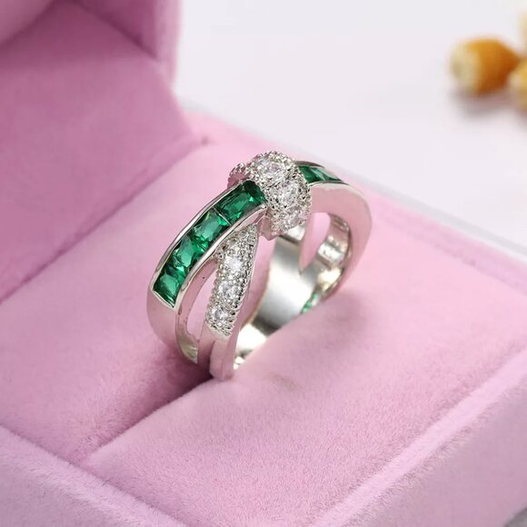 🔥New 💚Green Diamond CZ💎 925 Silver Plated Punk Party Cocktail Ring, GPMB1400